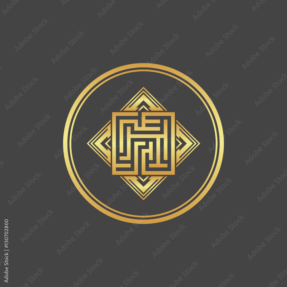 Abstract gold element. Maze emblem. Labyrinth. Abstract gold element. Maze emblem. Labyrinth.