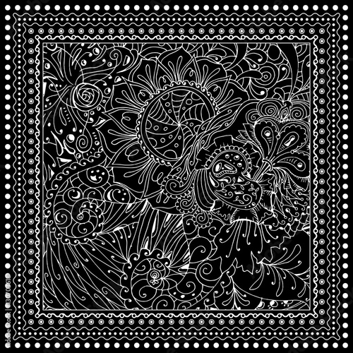 Black vector mono color illustration. Adult Coloring book page design, for adults. Vector template. Ornamental border and frame
