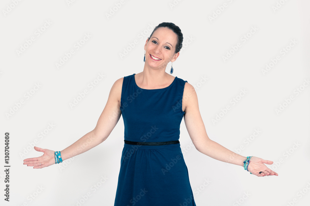 Beautiful woman doing different expressions in different sets of clothes: joy Beautiful woman doing different expressions in different sets of clothes: joy