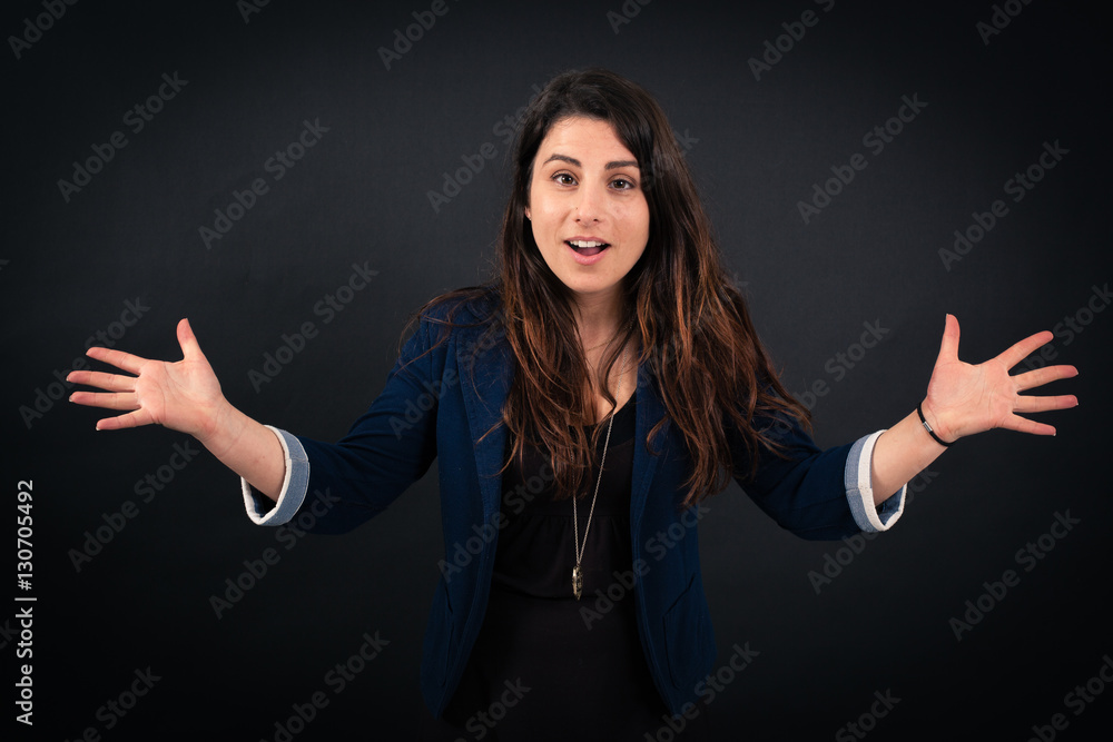 Beautiful woman doing different expressions in different sets of clothes: surprise Beautiful woman doing different expressions in different sets of clothes: surprise