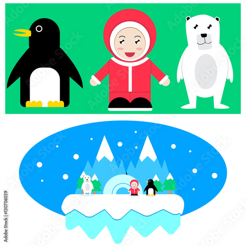 vector illustration of cute cartoon eskimo penguin with polar bear character design and flat scene design