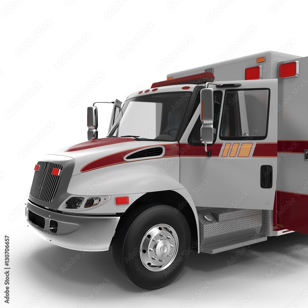 Emergency ambulance car with opened dors isolated on white. 3D Illustration