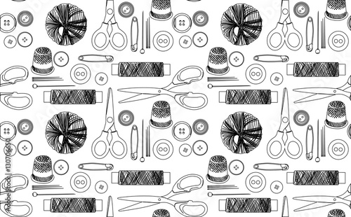 black sewing items sketches seamless background
