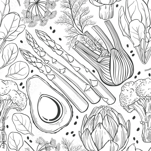 Seamless vector pattern  with artichoke, spinach, broccoli, fennel, avocado and asparagus. Black and white vector illustration.