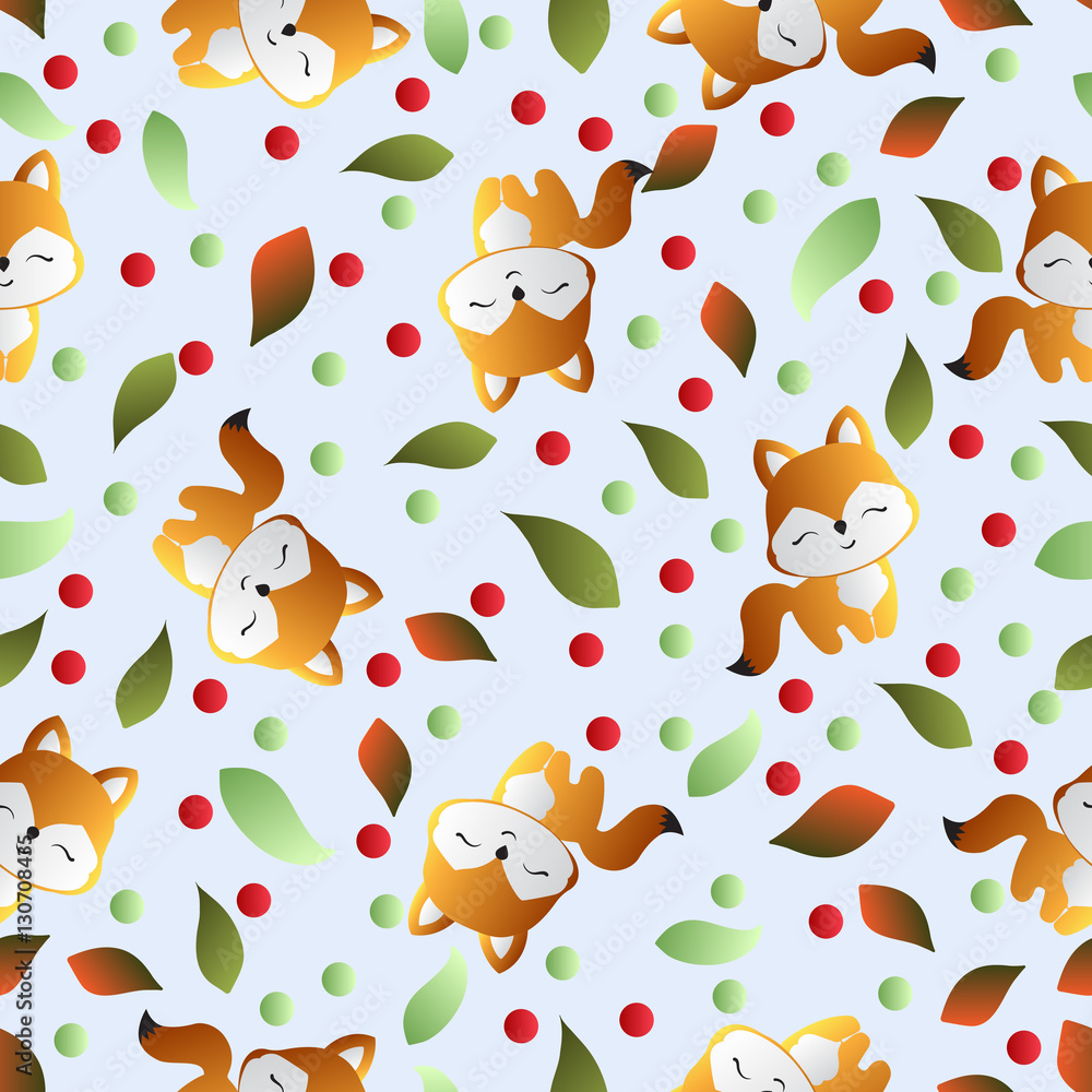 seamless pattern with smiling red fox and green leaves on a light blue background seamless pattern with smiling red fox and green leaves on a light blue background