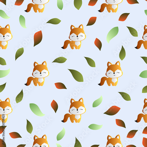 seamless pattern with smiling red fox and green leaves on a light blue background 