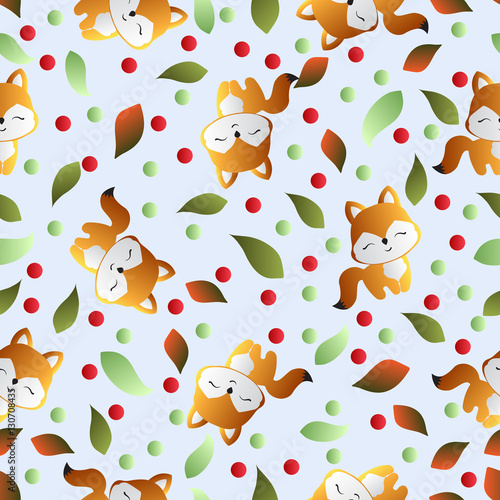 seamless pattern with smiling red fox and green leaves on a light blue background 