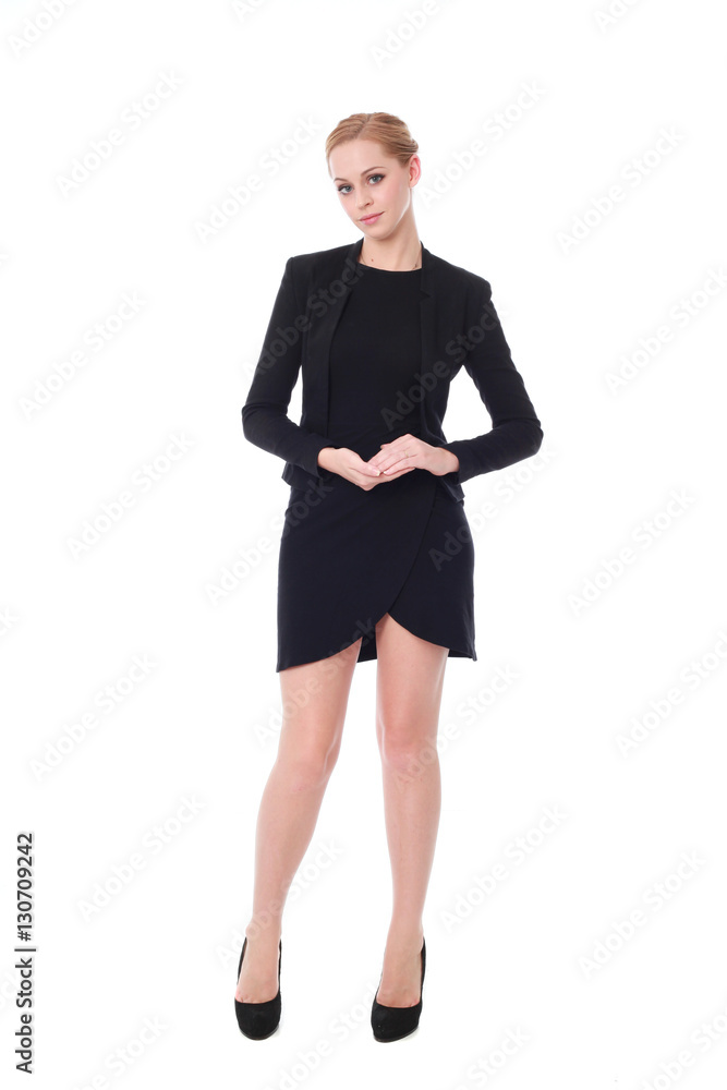 Full length portrait of an attractive professional woman wearing black dress suite and heels, isolated on a white background. Full length portrait of an attractive professional woman wearing black dress suite and heels, isolated on a white background.