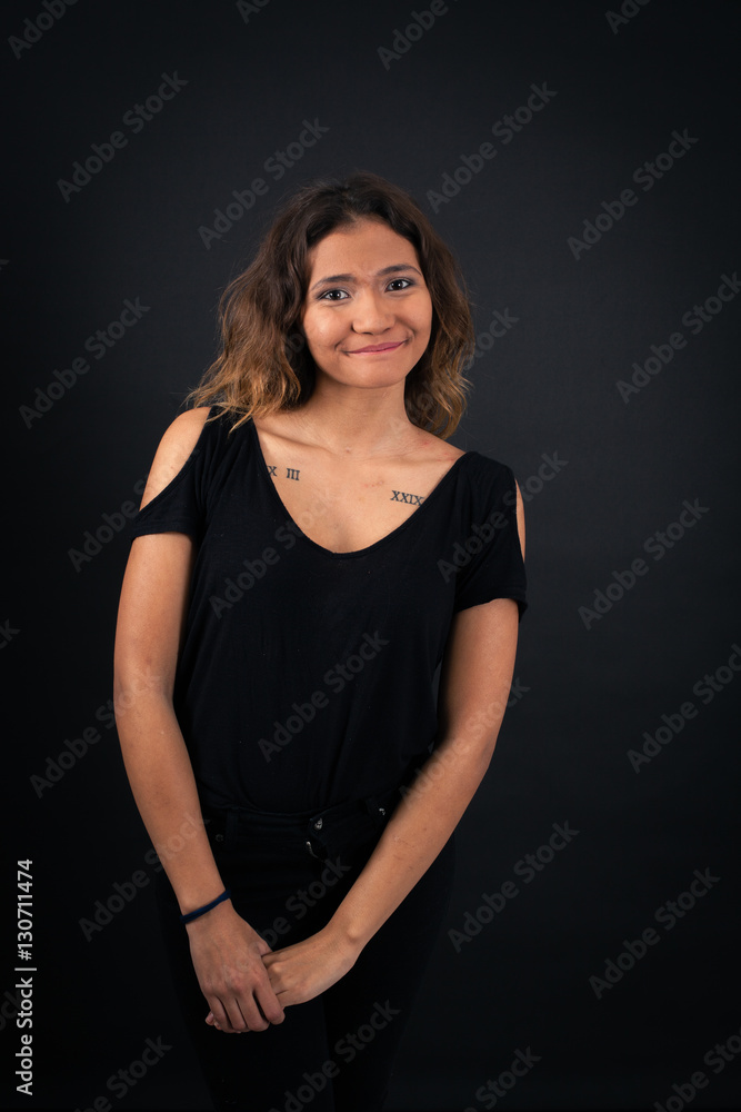 Beautiful woman doing different expressions in different sets of clothes: innocent Beautiful woman doing different expressions in different sets of clothes: innocent