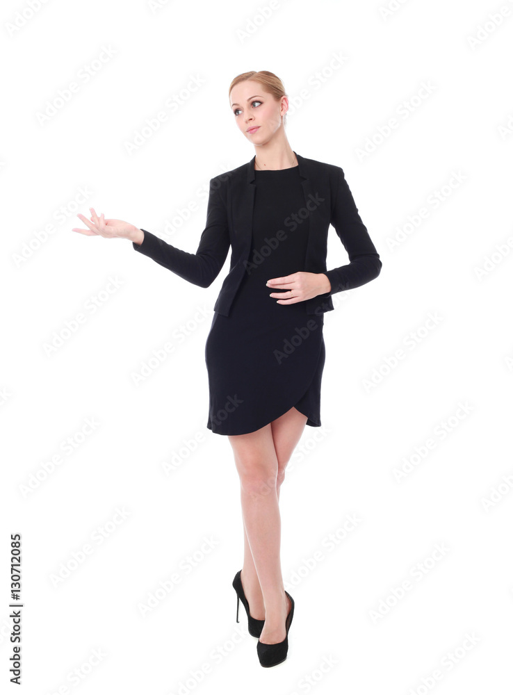 full length portrait of young woman wearing black professional office outfit. standing pose, isolated against white background. full length portrait of young woman wearing black professional office outfit. standing pose, isolated against white background.