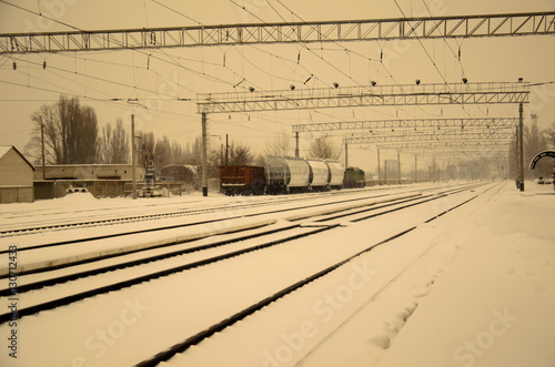 View on a railroad tracks on winter. Retro style