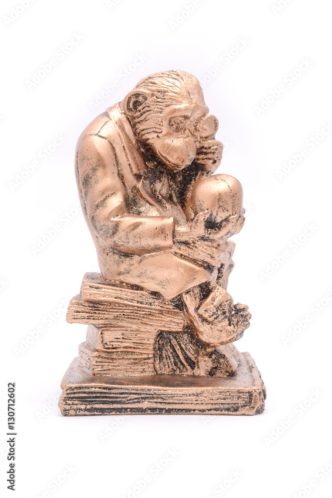 Fototapeta premium figurine monkey with skull, atheism concept, isolated on white