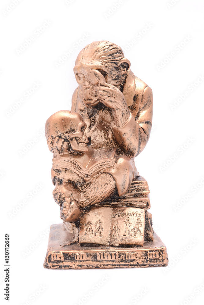 Obraz premium figurine monkey with skull, atheism concept, isolated on white