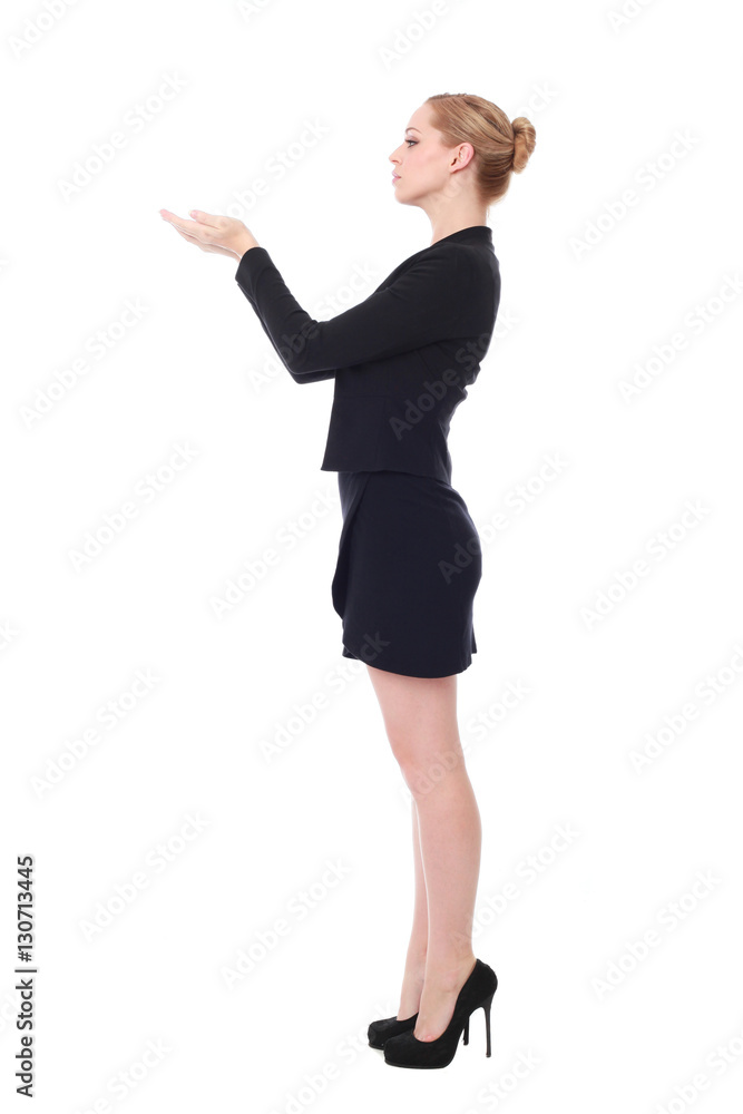 full length portrait of young woman wearing black professional office outfit. standing pose, isolated against white background.