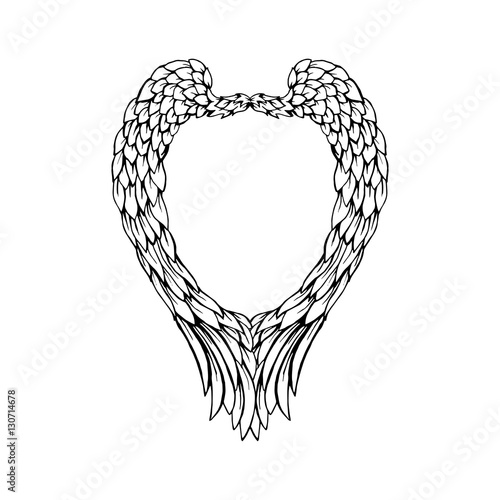 Black feathers and wings frame in heart shape, isolated frame for Valentines Day design. Vector illustration