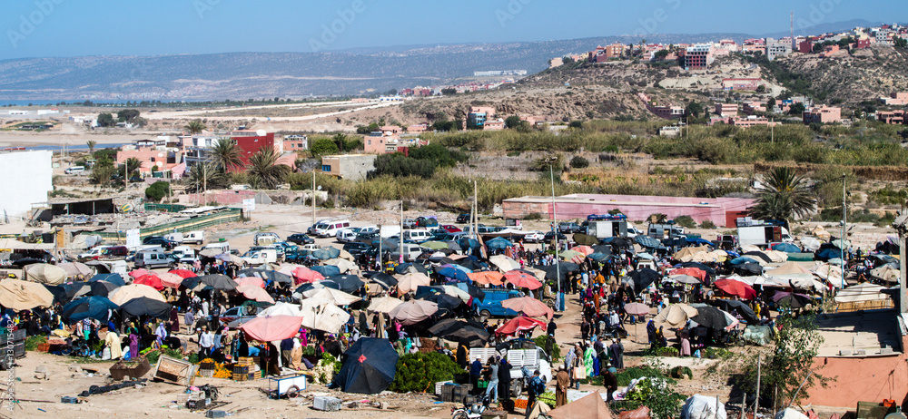 Panorama of Banana Village market in Aourir, Morocco