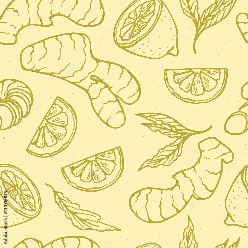 Herbal tea seamless pattern with gingerand lemon Herbal tea seamless pattern with gingerand lemon
