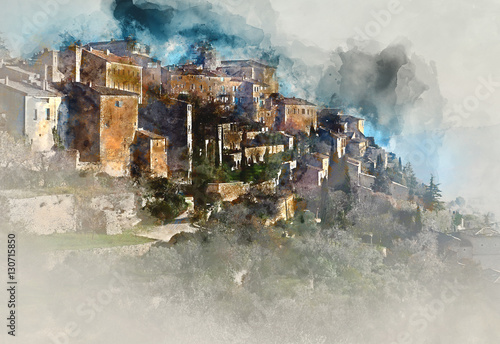 Digital watercolor painting of Gordes, village in France