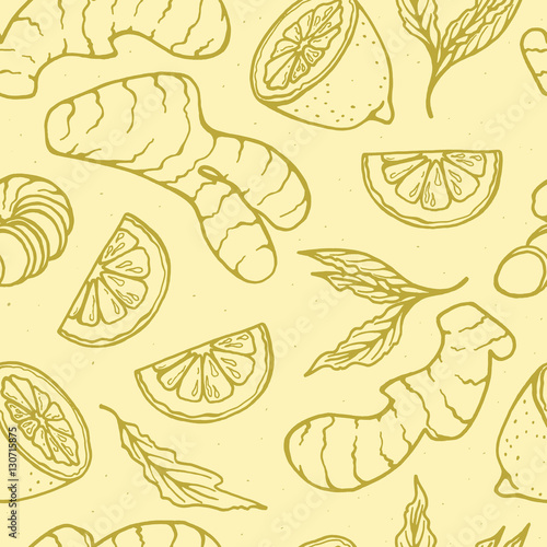 Herbal tea seamless pattern with gingerand lemon