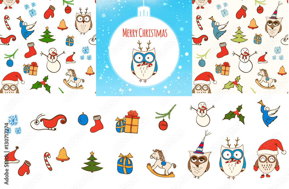 Set of vector seamless Christmas Patterns, card and design elements. Doodle symbols, icons.