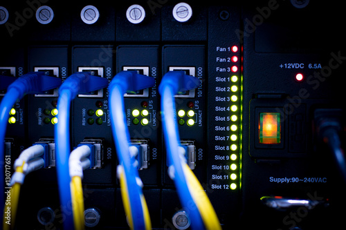 Fiber connectivity, network, server.network cables installed in the rack.
