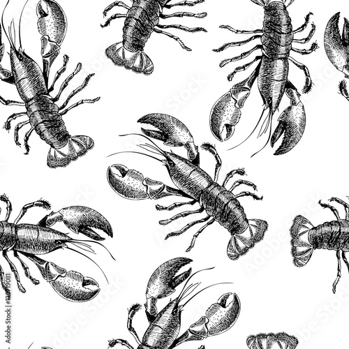 VEctor seamless pattern of seafood. Isolated lobster. Hand drawn engraved icons. Delicious food menu objects