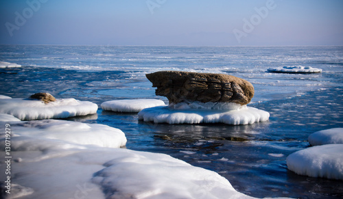 Iced islands of the pacific ocean in winter