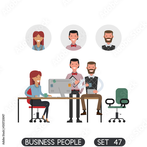 Scenes of people working in the office. Interior office. White background. Business people set. Vector illustration 