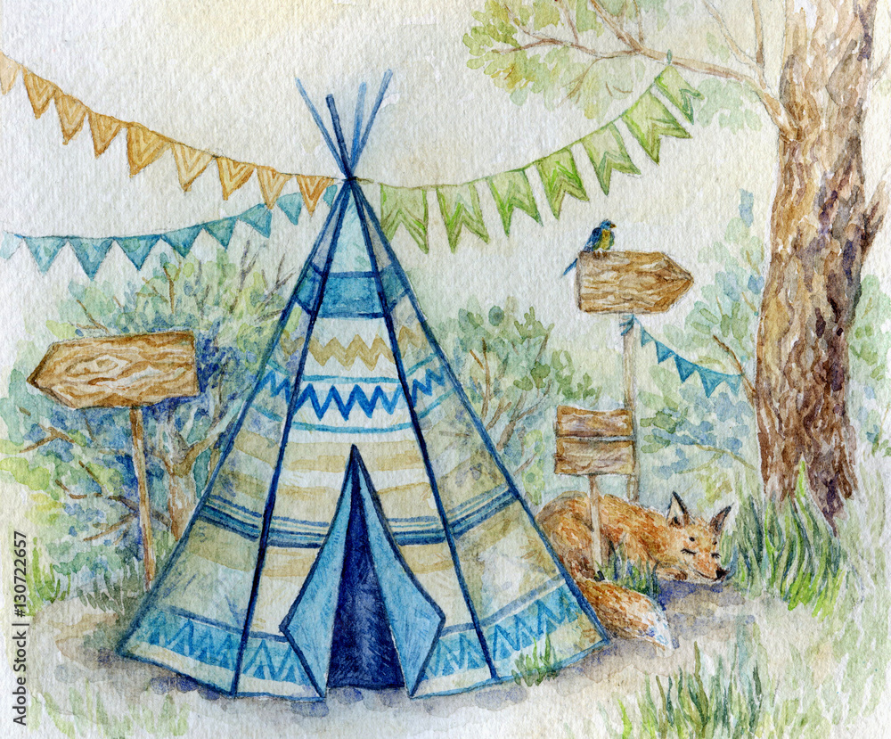 Watercolor painting with teepee house and little sleeping fox in the ...