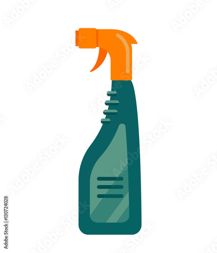 Cleaning service. Cleancer house tool icon logo isolated on white background, flat vector illustration, household equipment, green bottle.