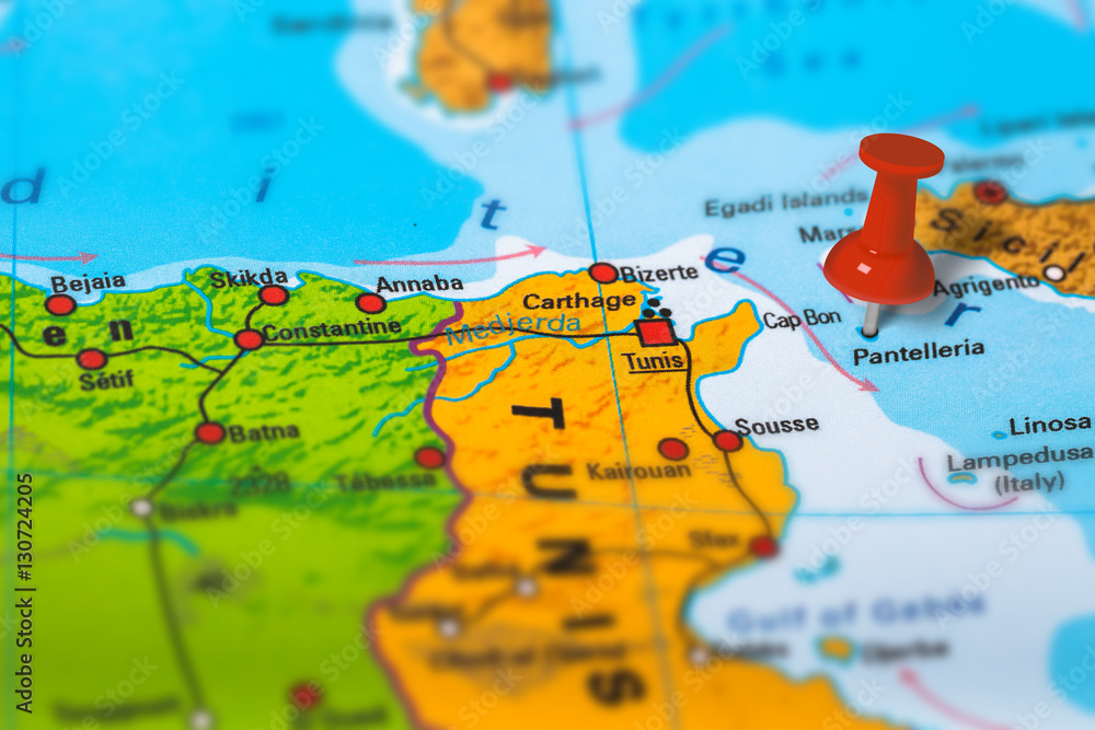 Obraz premium Pantelleria island in Italy pinned on colorful political map of Europe. Geopolitical school atlas. Tilt shift effect.