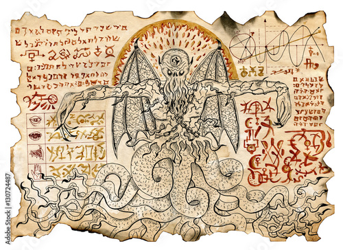 Old parchment with mystic drawings with evil demon and black magic symbols