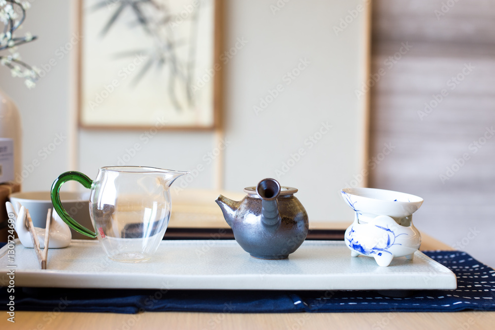elegant ceramic tea sets on table in modern living room elegant ceramic tea sets on table in modern living room