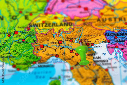 Verona in Italy pinned on colorful political map of Europe. Geopolitical school atlas. Tilt shift effect.