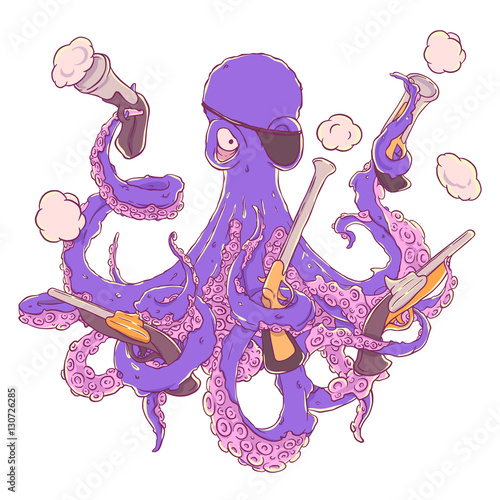 Angry pirate-octopus with a firearm in hand. Pistol, musket, pistol, rifle. Aggressive photo