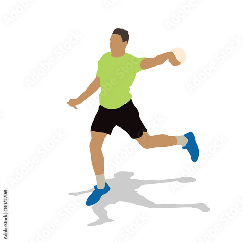 Handball player in green jersey throwing ball. Abstract vector i