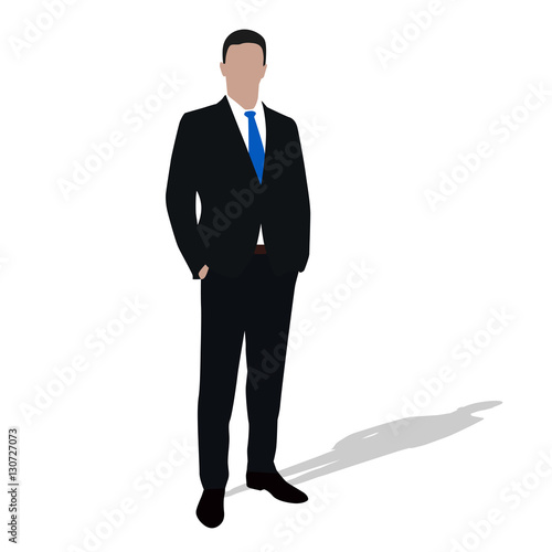 Businessman in dark suit standing with hands in pockets. Man is photo