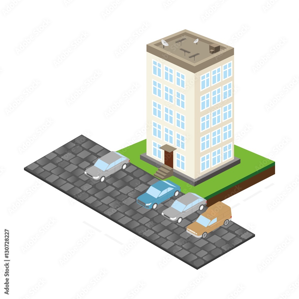 Fototapeta premium Isometric Big house with parking in front of it.