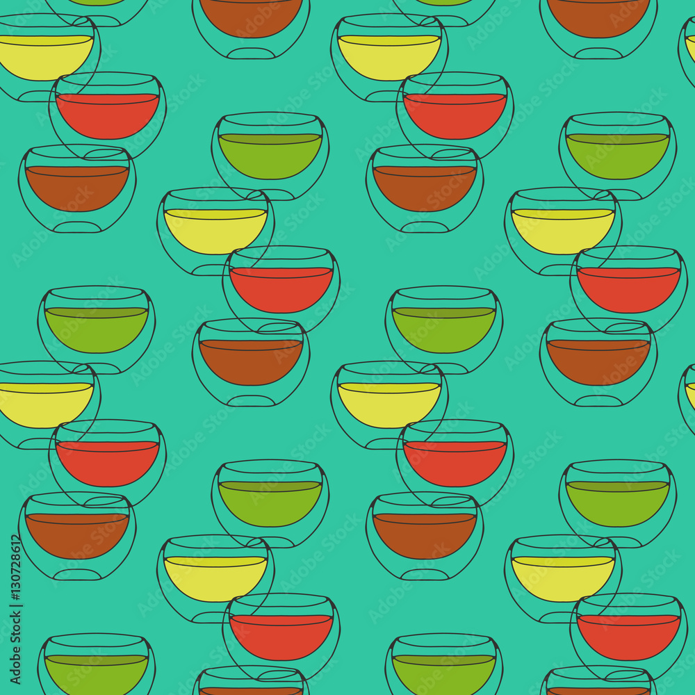 Seamless pattern with cups of tea glass double walled on a turquoise background Seamless pattern with cups of tea glass double walled on a turquoise background
