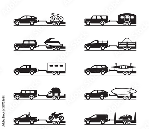 Vans and pickup trucks with trailers - vector illustration