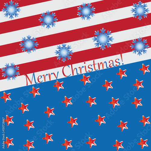 Stars and snowflakes on blue and red background. Abstract composition with elements of American symbols. Design for greetings, holiday screensavers.