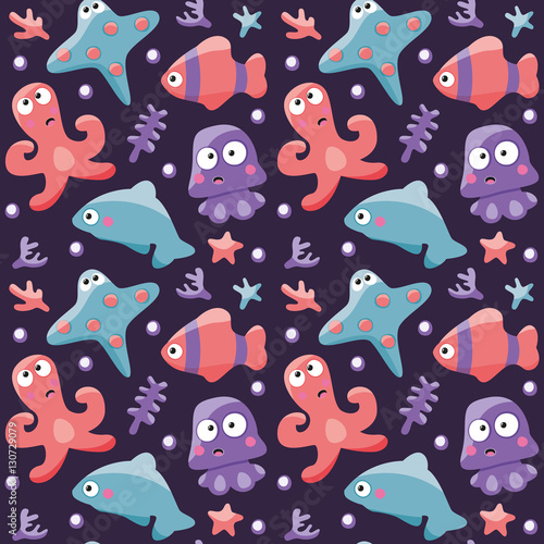Marine seamless pattern with fishes, octopus and Dolphin setr tropical collection wild wildlife