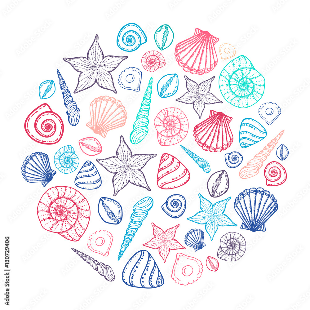 Poster with seashells and starfishes. Marine background. Hand dr Poster with seashells and starfishes. Marine background. Hand dr