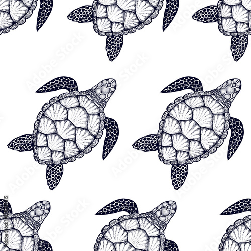 Seamless pattern with sea turtle in line art style. Hand drawn v