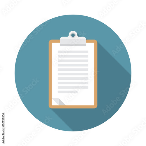 Brown clipboard icon with long shadow. Flat design style. Round icon. Notepad silhouette. Simple circle icon. Modern flat icon in stylish colors. Web site page and mobile app design element.