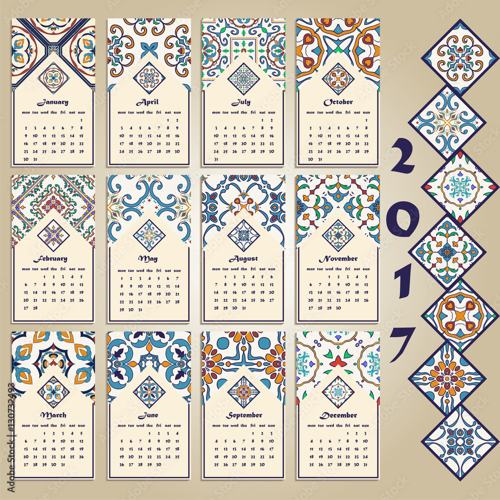 Vector calendar 2017. Portuguese, Azulejo, Moroccan; Spanish; Arabic; asian ornaments