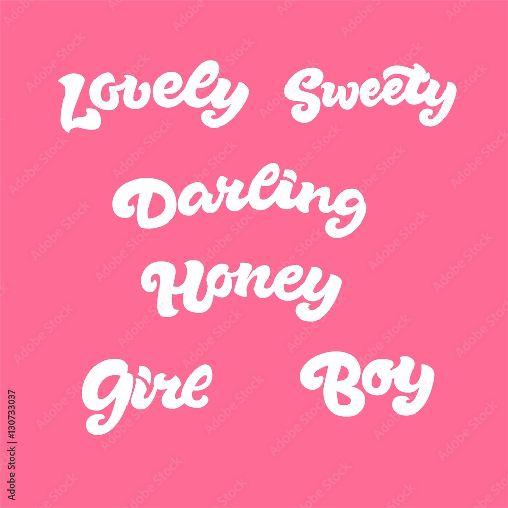 Set of 6 Hand-drawn Words (lovely, honey, darling, sweety, girl, boy). Hand-lettering.
