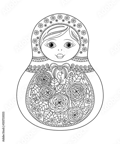 Vector coloring book for adult and kids - russian matrioshka doll. Hand drawn zentangle with floral and ethnic ornaments