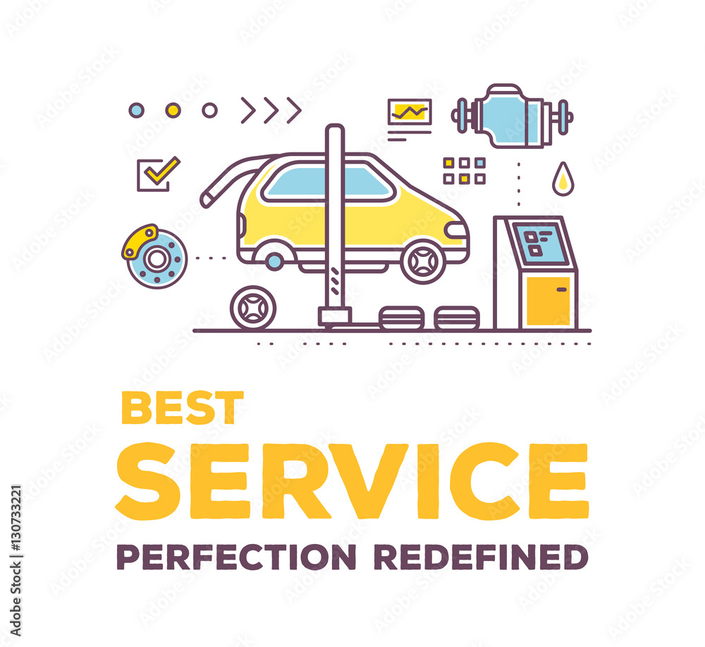 Vector creative illustration of car service workshop on white ba