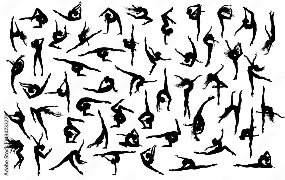 Big vector set of 50 gymnast's and dancer's silhouettes.